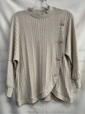 Adrienne Vittadini Cream Ribbed Mock Neck Sweater with Button Detail